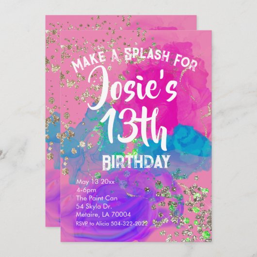 水彩絞り染め絵を描誕生日招待状 招待状 (正面/裏面)