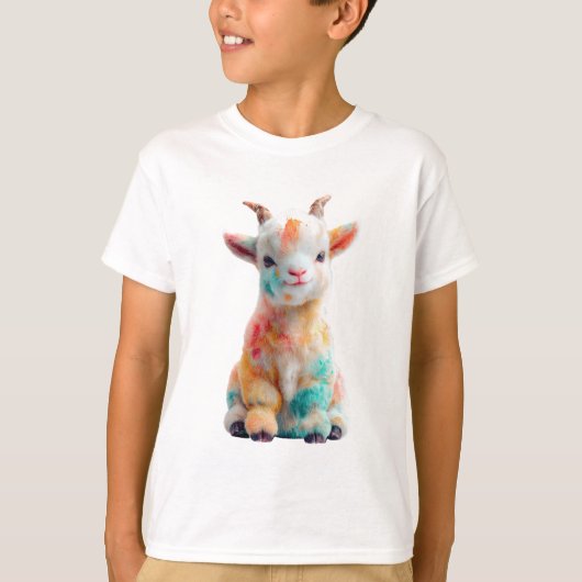 水彩絵の具で描いた虹色の子ヤギ Tシャツ (正面)