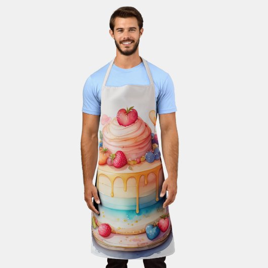 水彩絵を描のケ飾ーキ エプロン (着用した状態)