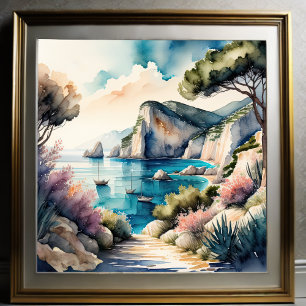 水彩絵を描の海地中海の岸 ポスター