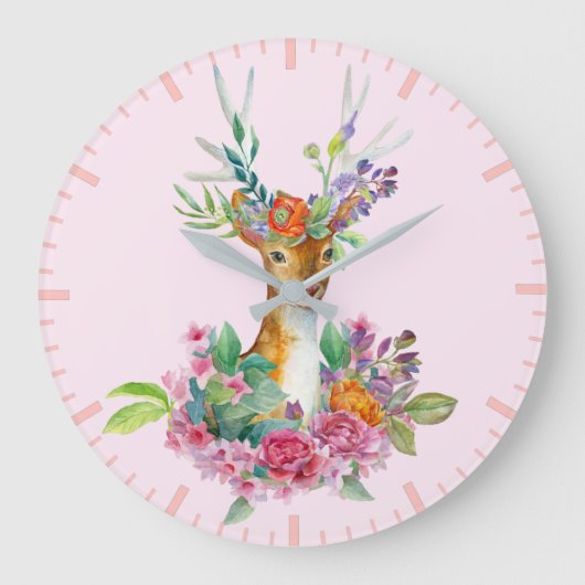 水彩絵を描フローラベビー鹿ベビー子供部屋 ラージ壁時計 (正面)