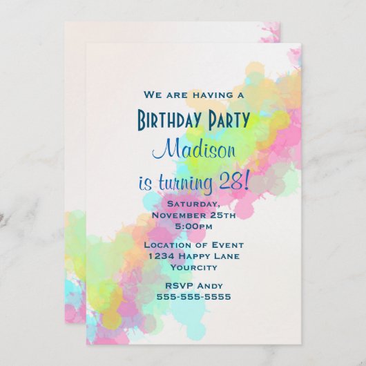 水彩絵を描（ばちゃばちゃ）跳ねるカラフル誕生日 招待状 (正面/裏面)
