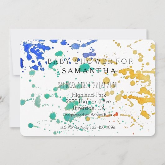 水彩絵を描(ばちゃばちゃ)跳ねるベビーシャワー 招待状 (正面)