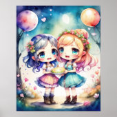 水彩絵画かわいいチビ(小さくかわいく書いた感じ)2 Female V ポスター (正面)