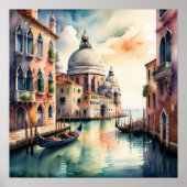 水彩絵画のヴェネツィア市情景ゴンドラ1:1 ポスター (正面)