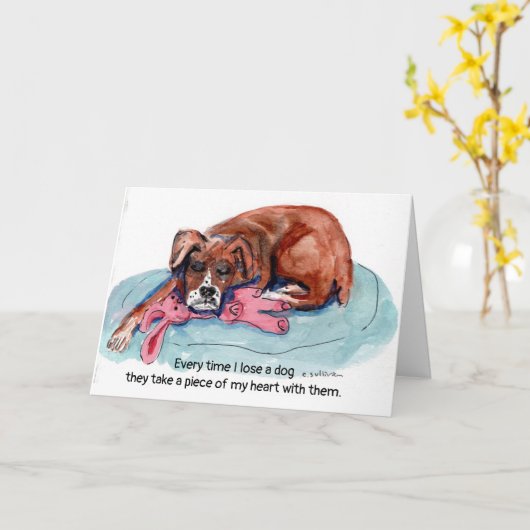 水彩絵画の子犬+「犬を失うたびに」 カード (黄色い花)