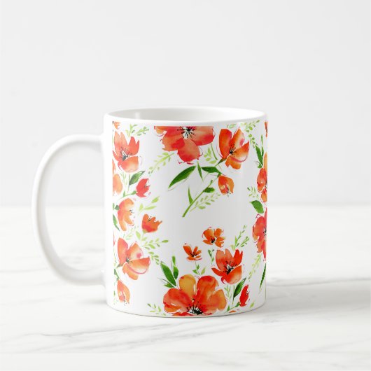水彩継ぎ目無し模様のオレンジケシ コーヒーマグカップ (左)