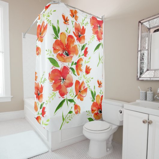 水彩継ぎ目無し模様のオレンジケシ シャワーカーテン (インサイチュ)