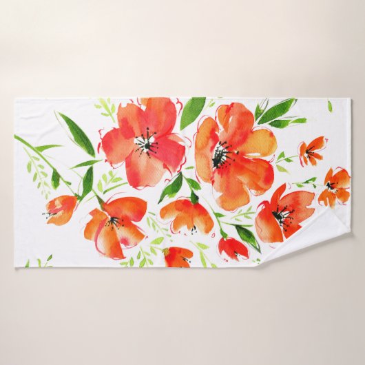 水彩継ぎ目無し模様のオレンジケシ バスタオル (バスタオル)