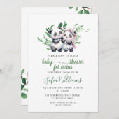 水彩緑かわいいパンダ双子ベビーガールボーイ 招待状 (正面/裏面)