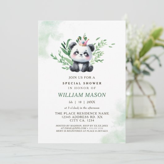 水彩緑かわいいパンダ男の赤ちゃんシャワー 招待状 (スタンド正面)