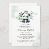 水彩緑かわいいパンダ男の赤ちゃんシャワー 招待状 (正面/裏面)