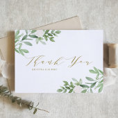 水彩緑と白い花の金ゴールド結婚 サンキューカード