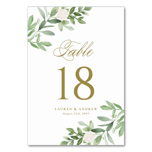 水彩緑と白い花の金ゴールド テーブルナンバー (裏面)