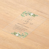 水彩緑と白い花グレー結婚ズ アクリル招待状 (レイダウン)