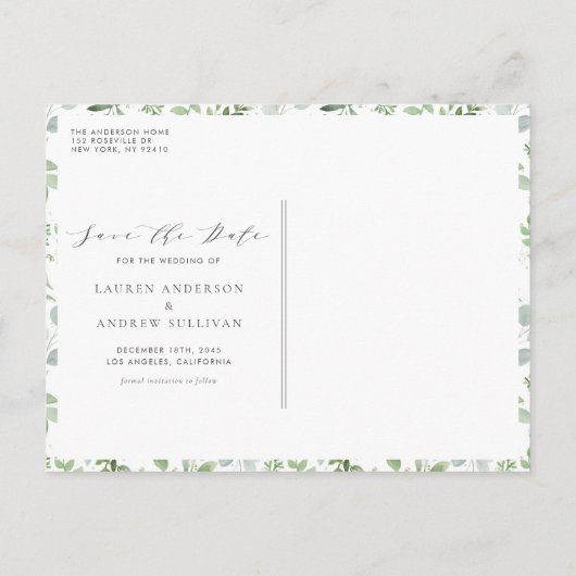 水彩緑と白い花デートを保存 案内ポストカード (裏面)