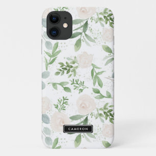 水彩緑と白い花模様 iPhone 11 ケース