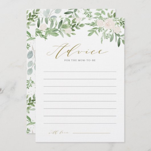 水彩緑と白い花赤ちゃんシャワー アドバイスカード (正面/裏面)