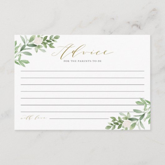 水彩緑と白い花赤ちゃんシャワー アドバイスカード (正面)
