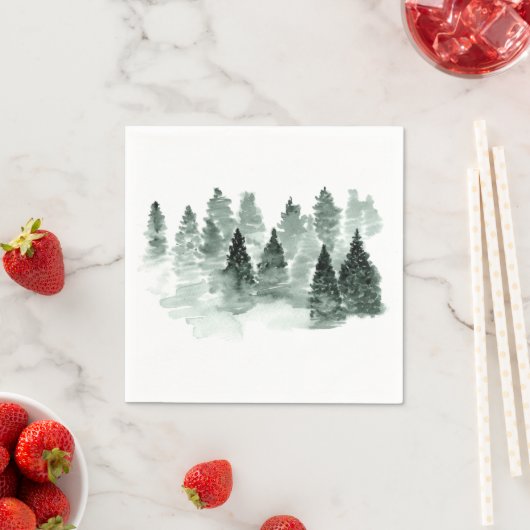 水彩緑と白の木々の森素朴 スタンダードカクテルナプキン (インサイチュ)