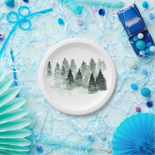 水彩緑と白の木々の森素朴 ペーパープレート (パーティー)