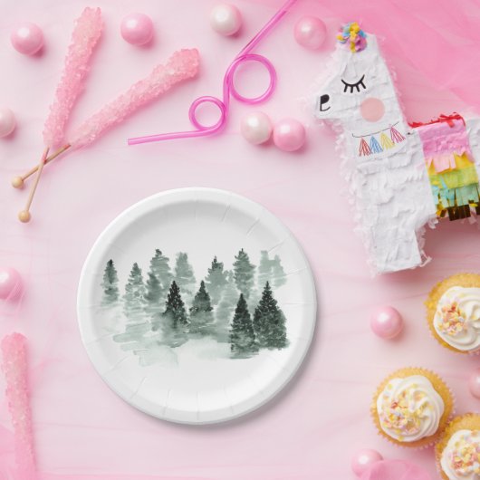 水彩緑と白の木々の森素朴 ペーパープレート (パーティー)