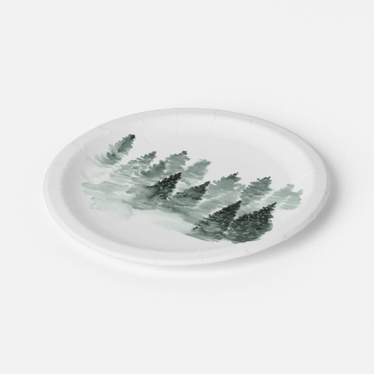 水彩緑と白の木々の森素朴 ペーパープレート (アングル)