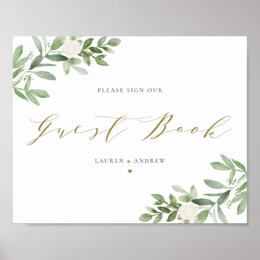 水彩緑と白の花のゲストブック ポスター (正面)