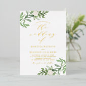 水彩緑と白結婚花 箔招待状 (立ち正面)