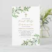 水彩緑と花が最初の聖餐式 招待状 (スタンド正面)