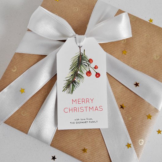 水彩緑と赤の松の果実クリスマス ギフトタグ