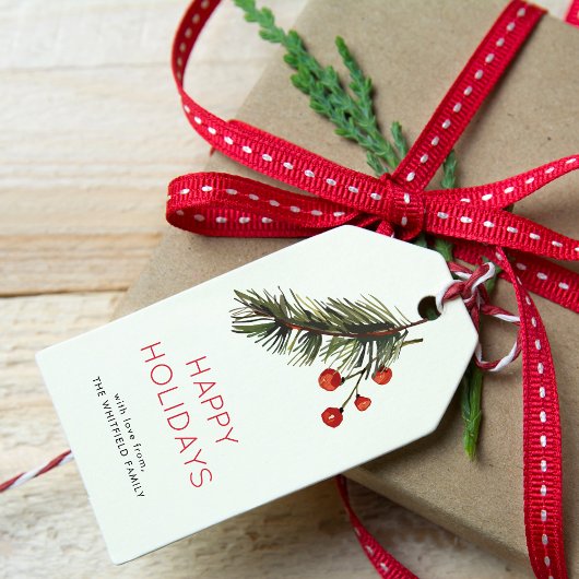 水彩緑と赤松とベリー ギフトタグ