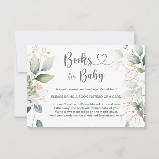 水彩緑と金ゴールドの葉の本ベビーInvi 招待状 (正面)
