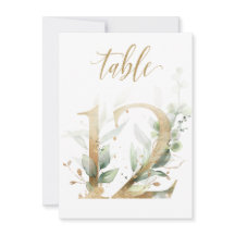 水彩緑と金ゴールドの葉、表の番号12