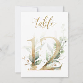 水彩緑と金ゴールドの葉、表の番号12 招待状