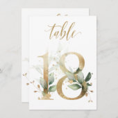 水彩緑と金ゴールドの葉、表の番号18 招待状 (正面/裏面)
