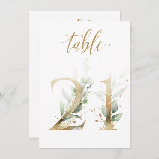 水彩緑と金ゴールドの葉、表番号21 招待状 (正面/裏面)