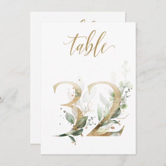 水彩緑と金ゴールドの葉、表番号32 招待状 (正面/裏面)