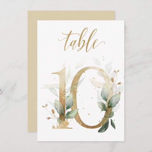 水彩緑と金ゴールドの葉、表10 招待状 (正面/裏面)