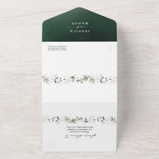 水彩緑と金ゴールドを兼ね備結婚えた オールインワン招待状 (外側)