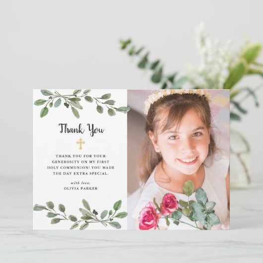 水彩緑と金ゴールド写真第1回 サンキューカード (スタンド正面)