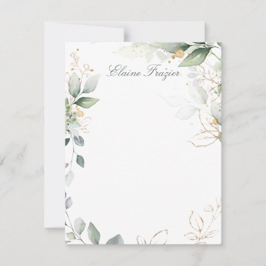 水彩緑と金ゴールド葉フラットノートカード ノートカード (正面)