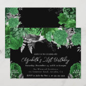 水彩緑と銀のバラ21日 招待状 (正面/裏面)