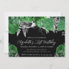 水彩緑と銀のバラ21日 招待状