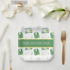 水彩緑と黄色のゴルフトーナメント ペーパープレート