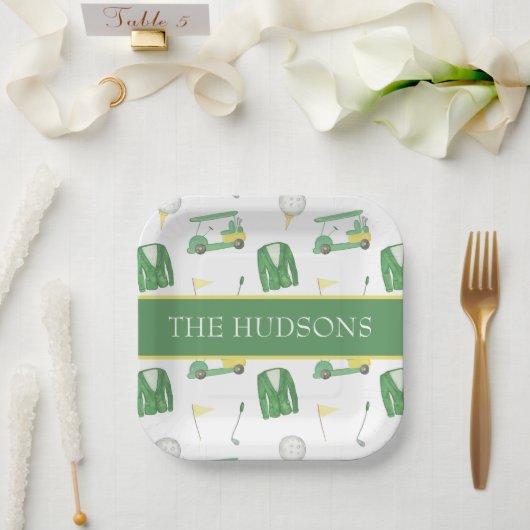 水彩緑と黄色のゴルフトーナメント ペーパープレート (ウェディング)