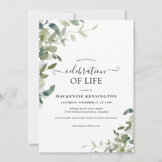 水彩緑のお祝い・オブ・ライフ・メモリアル 招待状 (正面)