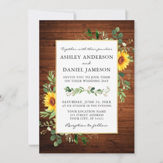 水彩緑のひまわりウッドフォト結婚ズ 招待状 (正面)