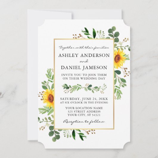 水彩緑のひまわり結婚の金ゴールド 招待状 (正面)