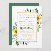 水彩緑のひまわり結婚の金ゴールド 招待状 (正面/裏面)